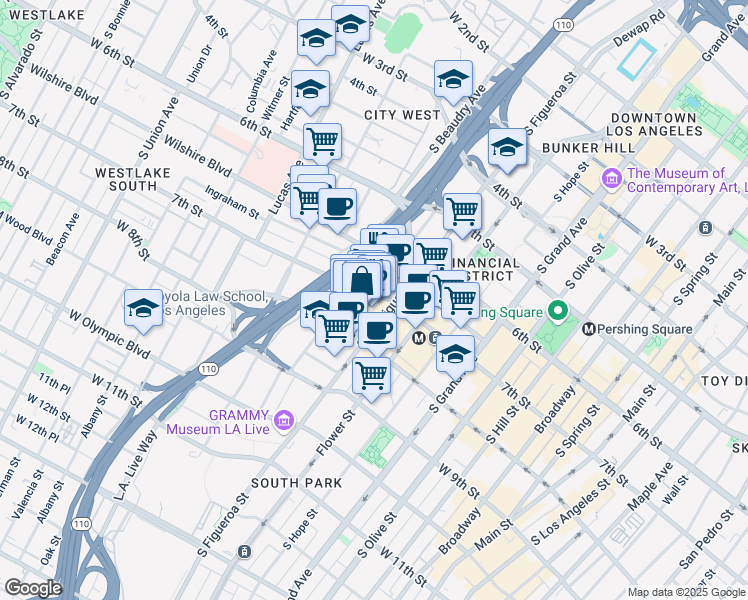 map of restaurants, bars, coffee shops, grocery stores, and more near 725 South Figueroa Street in Los Angeles