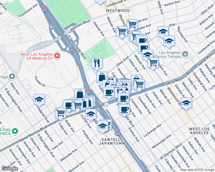 map of restaurants, bars, coffee shops, grocery stores, and more near 1300 South Sepulveda Boulevard in Los Angeles