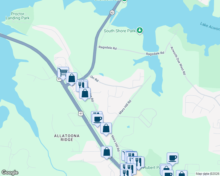 map of restaurants, bars, coffee shops, grocery stores, and more near 3916 Wild Blossom in Acworth