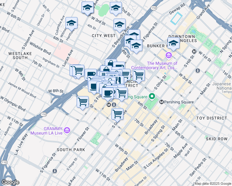map of restaurants, bars, coffee shops, grocery stores, and more near 811 Wilshire Boulevard in Los Angeles