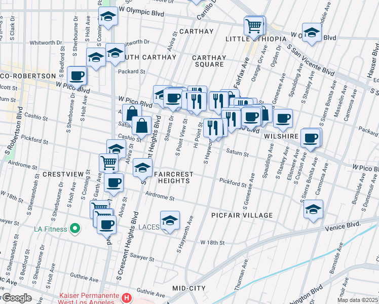 map of restaurants, bars, coffee shops, grocery stores, and more near 1525 Hi Point Street in Los Angeles