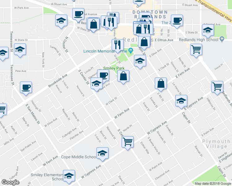 map of restaurants, bars, coffee shops, grocery stores, and more near 230 South Buena Vista Street in Redlands