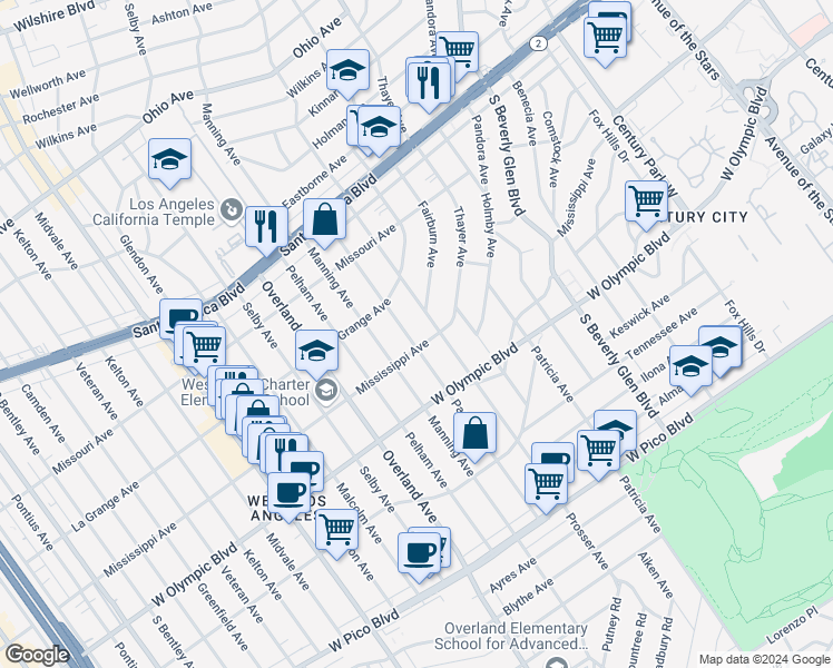 map of restaurants, bars, coffee shops, grocery stores, and more near 2044 Parnell Avenue in Los Angeles