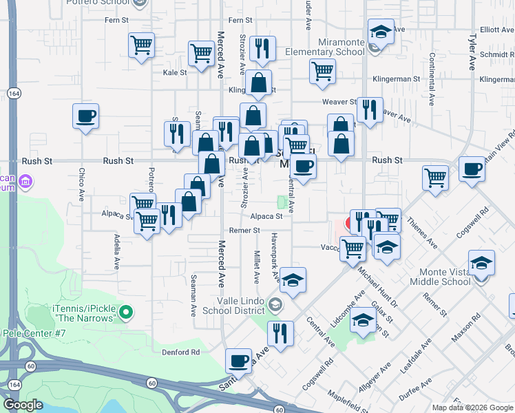 map of restaurants, bars, coffee shops, grocery stores, and more near 10120 El Poche Street in South El Monte