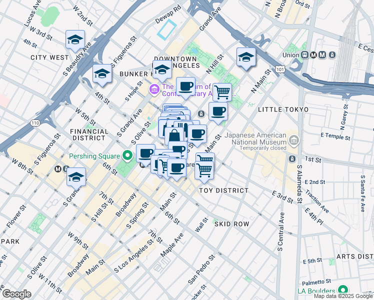 map of restaurants, bars, coffee shops, grocery stores, and more near 361 South Spring Street in Los Angeles
