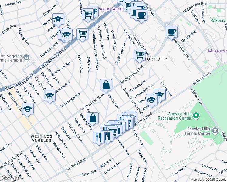 map of restaurants, bars, coffee shops, grocery stores, and more near 2201 Linnington Ave in Los Angeles