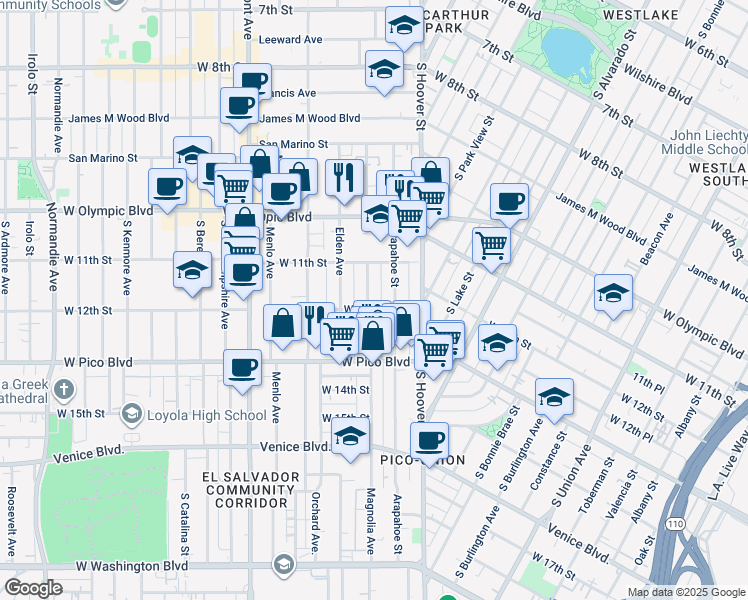 map of restaurants, bars, coffee shops, grocery stores, and more near 1148 Magnolia Avenue in Los Angeles