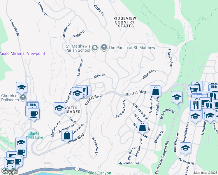 map of restaurants, bars, coffee shops, grocery stores, and more near 16320 Akron Street in Los Angeles