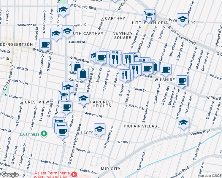 map of restaurants, bars, coffee shops, grocery stores, and more near 1501 Hi Point Street in Los Angeles