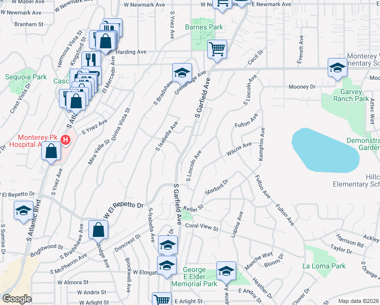 map of restaurants, bars, coffee shops, grocery stores, and more near 1050 South Garfield Avenue in Monterey Park