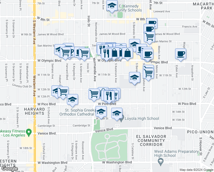 map of restaurants, bars, coffee shops, grocery stores, and more near 1147 Fedora Street in Los Angeles