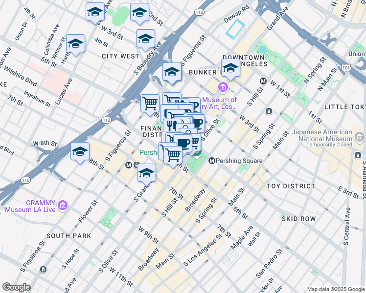 map of restaurants, bars, coffee shops, grocery stores, and more near 500 South Grand Avenue in Los Angeles