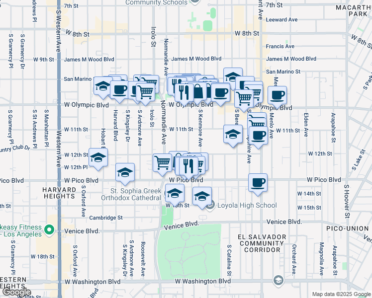 map of restaurants, bars, coffee shops, grocery stores, and more near 1128 South Fedora Street in Los Angeles
