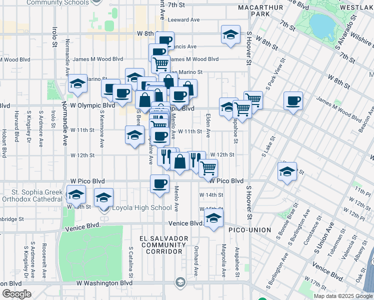 map of restaurants, bars, coffee shops, grocery stores, and more near 1118 1/2 Menlo Avenue in Los Angeles