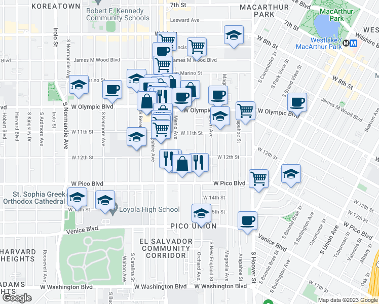 map of restaurants, bars, coffee shops, grocery stores, and more near 1147 Westmoreland Avenue in Los Angeles