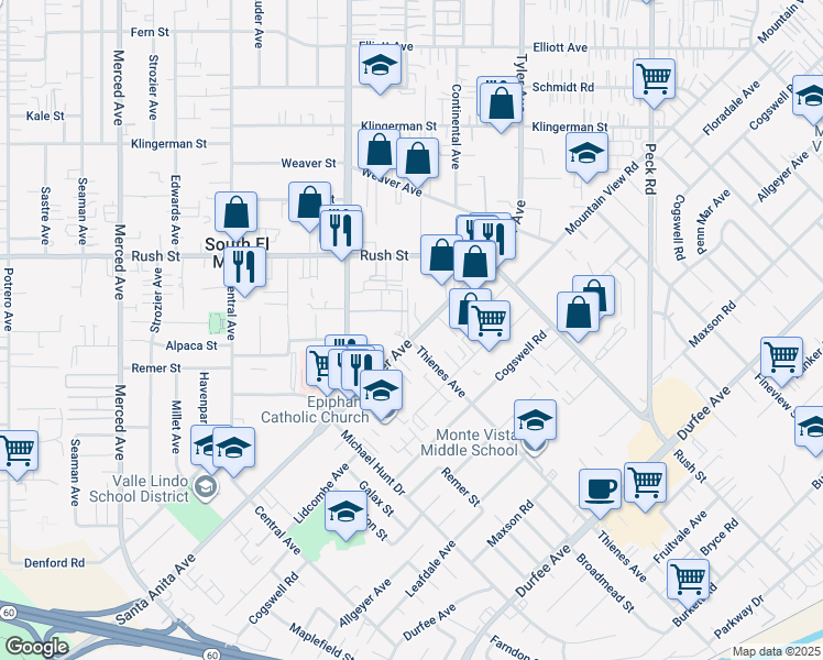 map of restaurants, bars, coffee shops, grocery stores, and more near 1829 Tyler Avenue in South El Monte