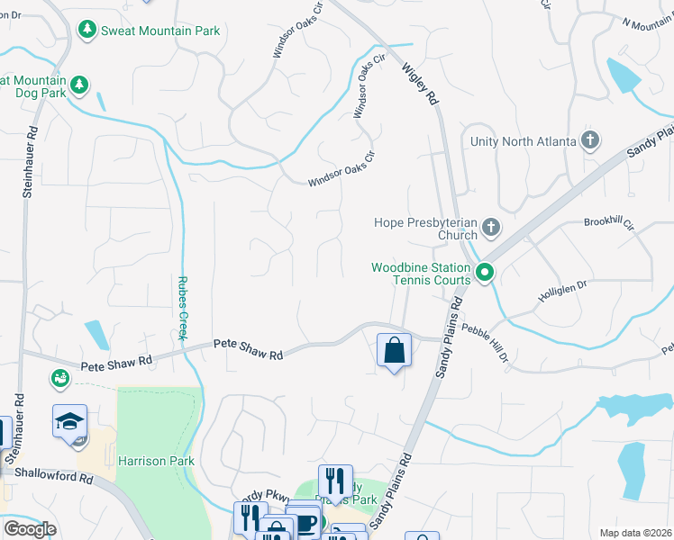 map of restaurants, bars, coffee shops, grocery stores, and more near 4153 Praline Court in Marietta