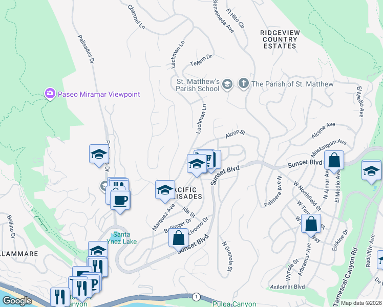 map of restaurants, bars, coffee shops, grocery stores, and more near 740 Lachman Lane in Los Angeles
