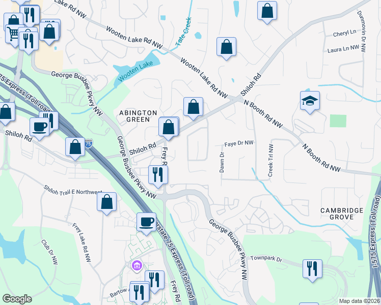 map of restaurants, bars, coffee shops, grocery stores, and more near 913 Shiloh Ridge Run Northwest in Kennesaw