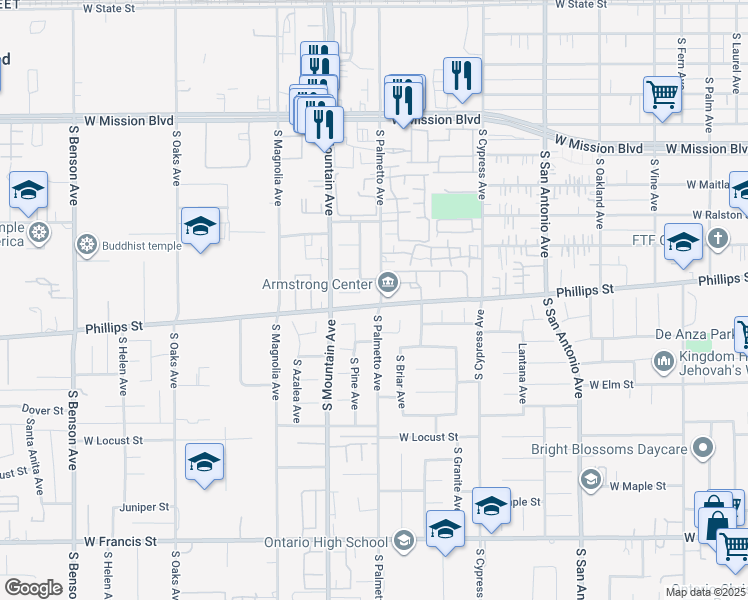 map of restaurants, bars, coffee shops, grocery stores, and more near 1265 South Palmetto Avenue in Ontario