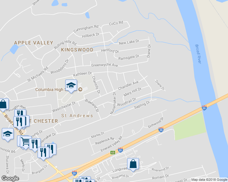 map of restaurants, bars, coffee shops, grocery stores, and more near 1998 Chandler Avenue in Columbia
