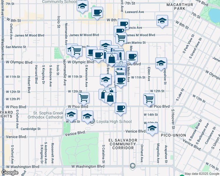map of restaurants, bars, coffee shops, grocery stores, and more near 1131 South New Hampshire Avenue in Los Angeles