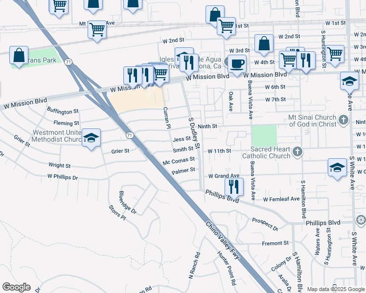 map of restaurants, bars, coffee shops, grocery stores, and more near 1557 Smith Street in Pomona