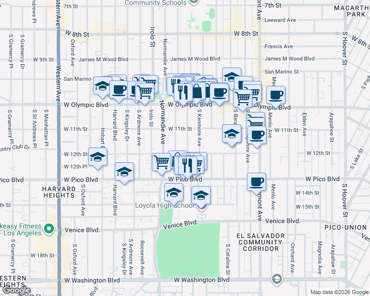 map of restaurants, bars, coffee shops, grocery stores, and more near 1147 Fedora Street in Los Angeles