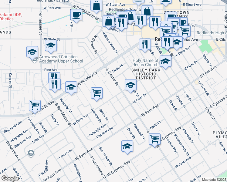 map of restaurants, bars, coffee shops, grocery stores, and more near 109 Norwood Street in Redlands