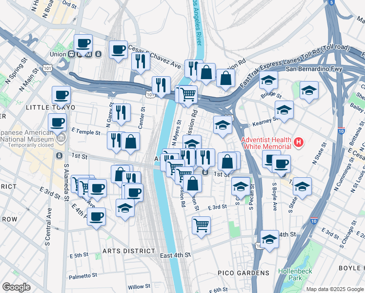map of restaurants, bars, coffee shops, grocery stores, and more near 319 North Myers Street in Los Angeles