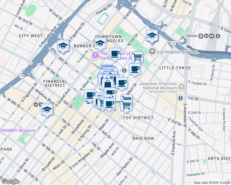 map of restaurants, bars, coffee shops, grocery stores, and more near 333 South Spring Street in Los Angeles
