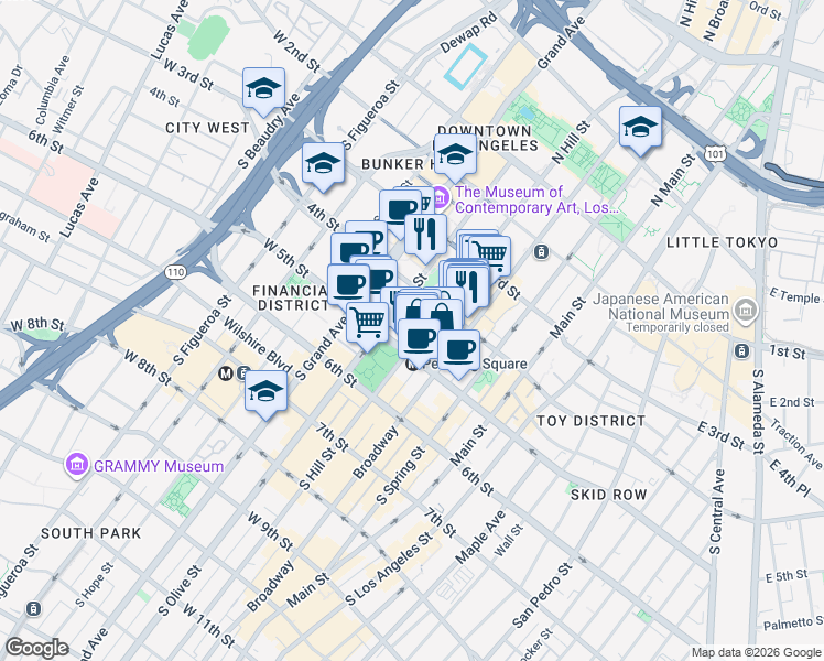 map of restaurants, bars, coffee shops, grocery stores, and more near 415 South Hill Street in Los Angeles