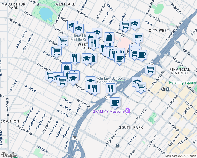 map of restaurants, bars, coffee shops, grocery stores, and more near 1238 West 8th Street in Los Angeles