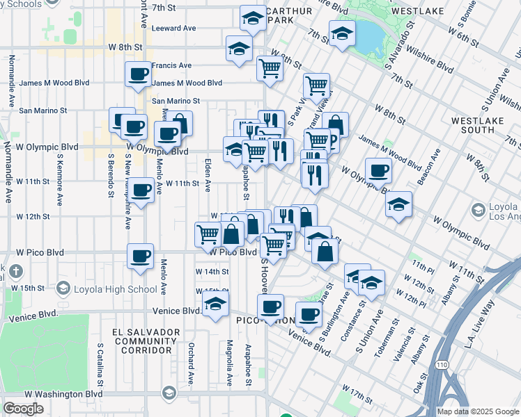 map of restaurants, bars, coffee shops, grocery stores, and more near in Los Angeles