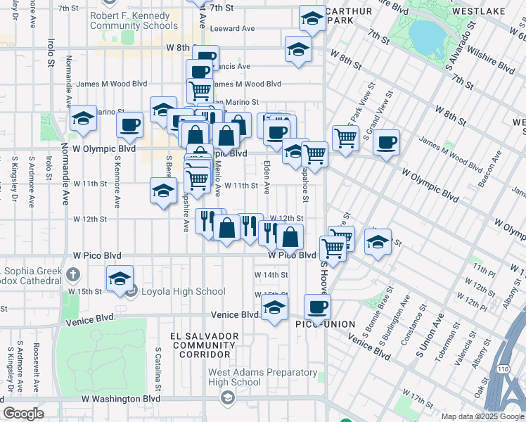 map of restaurants, bars, coffee shops, grocery stores, and more near 1126 South Westmoreland Avenue in Los Angeles