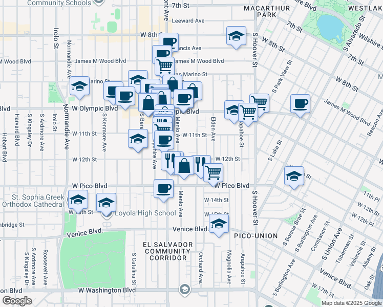 map of restaurants, bars, coffee shops, grocery stores, and more near 1118 1/2 Menlo Avenue in Los Angeles