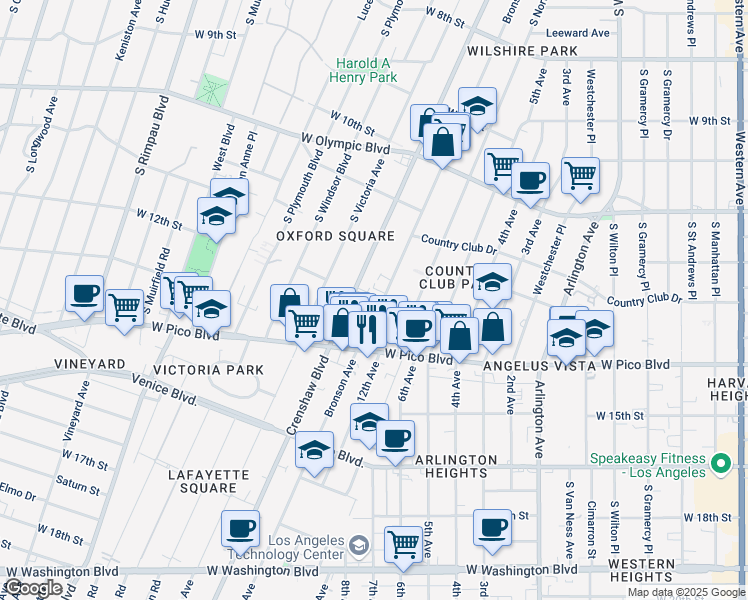 map of restaurants, bars, coffee shops, grocery stores, and more near 1203 South Bronson Avenue in Los Angeles