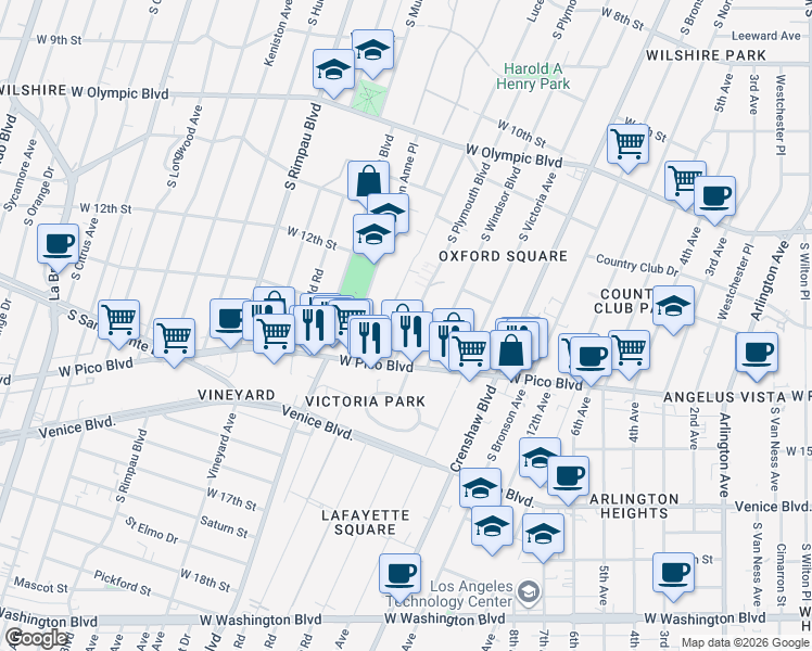 map of restaurants, bars, coffee shops, grocery stores, and more near 1230 South Lucerne Boulevard in Los Angeles