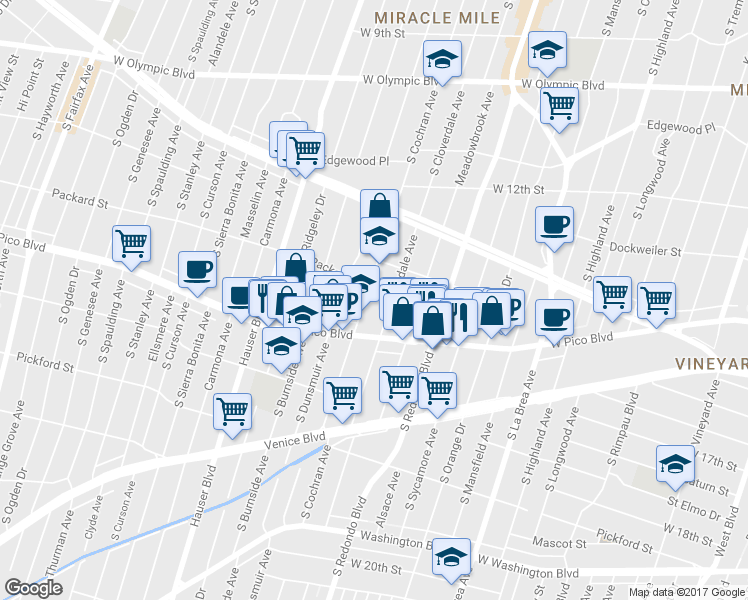 map of restaurants, bars, coffee shops, grocery stores, and more near 1328 South Cochran Avenue in Los Angeles