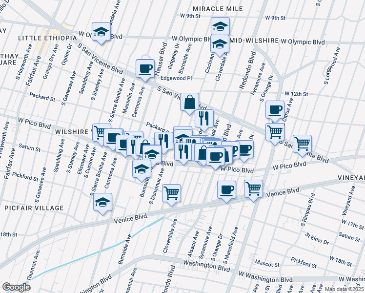 map of restaurants, bars, coffee shops, grocery stores, and more near 1328 South Cochran Avenue in Los Angeles