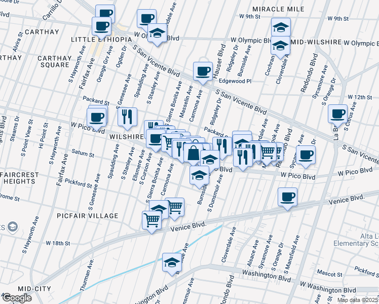 map of restaurants, bars, coffee shops, grocery stores, and more near 1340 Hauser Boulevard in Los Angeles
