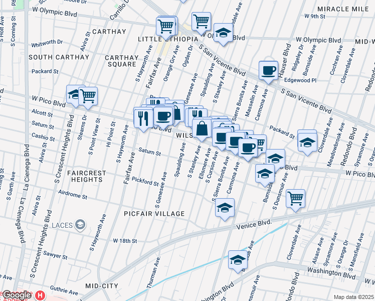 map of restaurants, bars, coffee shops, grocery stores, and more near 5650 West Pico Boulevard in Los Angeles
