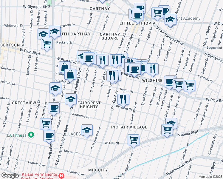map of restaurants, bars, coffee shops, grocery stores, and more near 1455 South Hayworth Avenue in Los Angeles