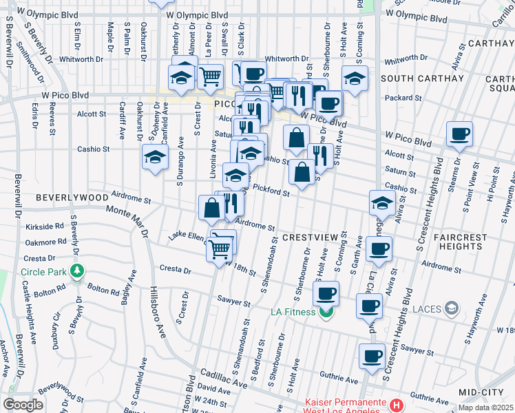 map of restaurants, bars, coffee shops, grocery stores, and more near 1608 South Wooster Street in Los Angeles