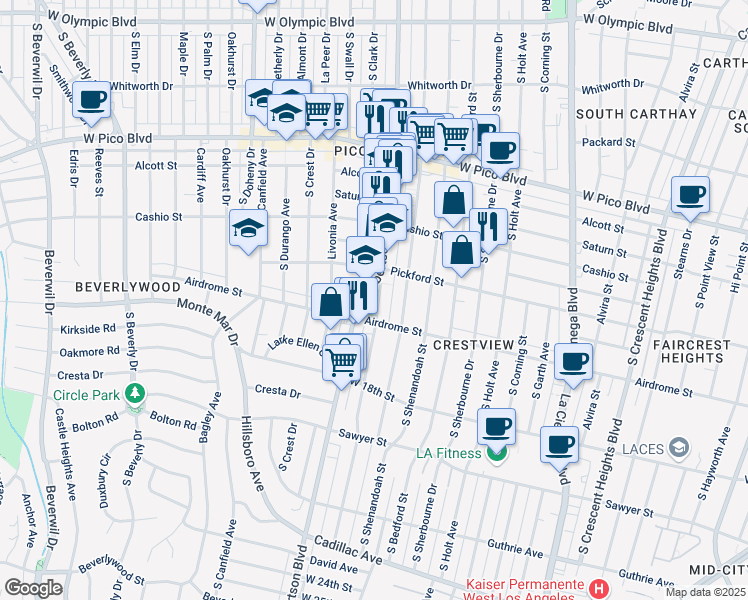 map of restaurants, bars, coffee shops, grocery stores, and more near 1620 Preuss Road in Los Angeles