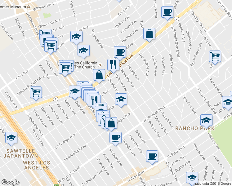 map of restaurants, bars, coffee shops, grocery stores, and more near 1920 Overland Avenue in Los Angeles