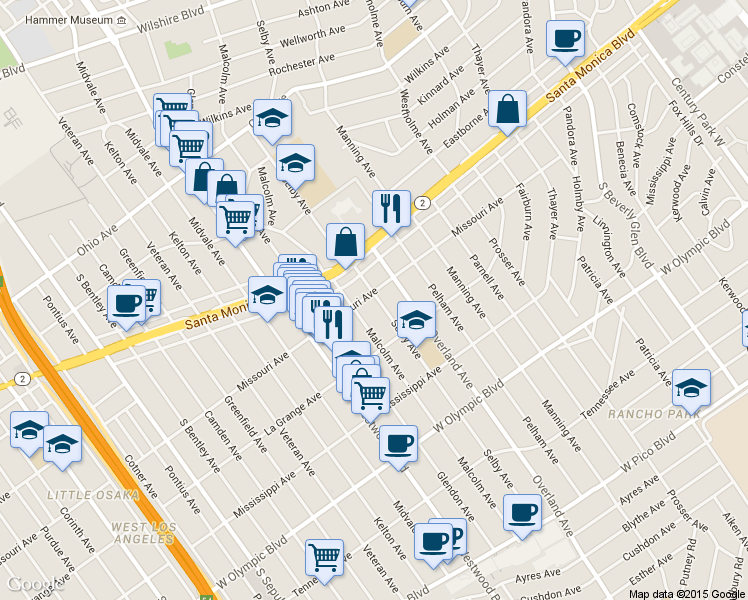 map of restaurants, bars, coffee shops, grocery stores, and more near 10731 Missouri Avenue in Los Angeles