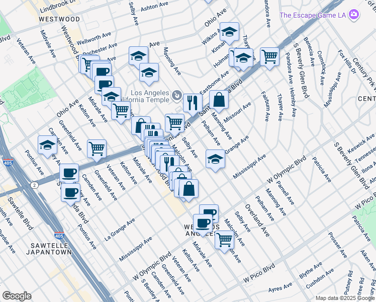 map of restaurants, bars, coffee shops, grocery stores, and more near 10731 Missouri Avenue in Los Angeles