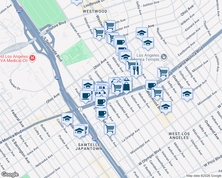 map of restaurants, bars, coffee shops, grocery stores, and more near 1641 Veteran Avenue in Los Angeles