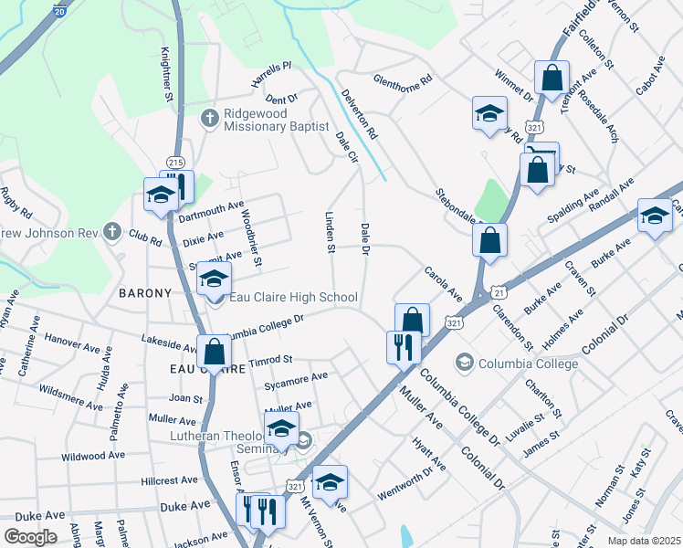 map of restaurants, bars, coffee shops, grocery stores, and more near 4735 Dale Drive in Columbia
